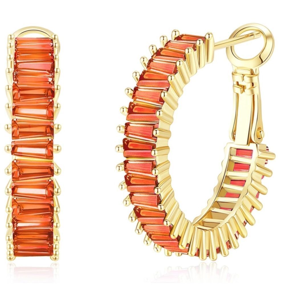 14K Yellow Gold with Orange Spinel Cubic Zirconia Drop Hoop Leverback Earrings